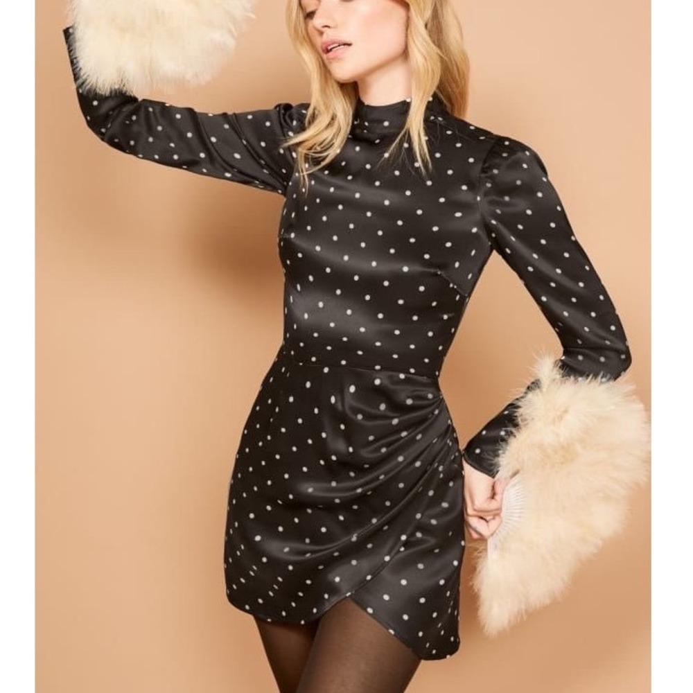 Reformation Blanch Dress Black Polka Dot Silk Mini Mock Neck Long Sleeve - 2